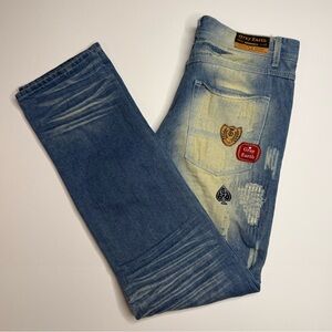 Gray Earth Distressed Denim Jeans Patches Accents Stylish Mens Size 34